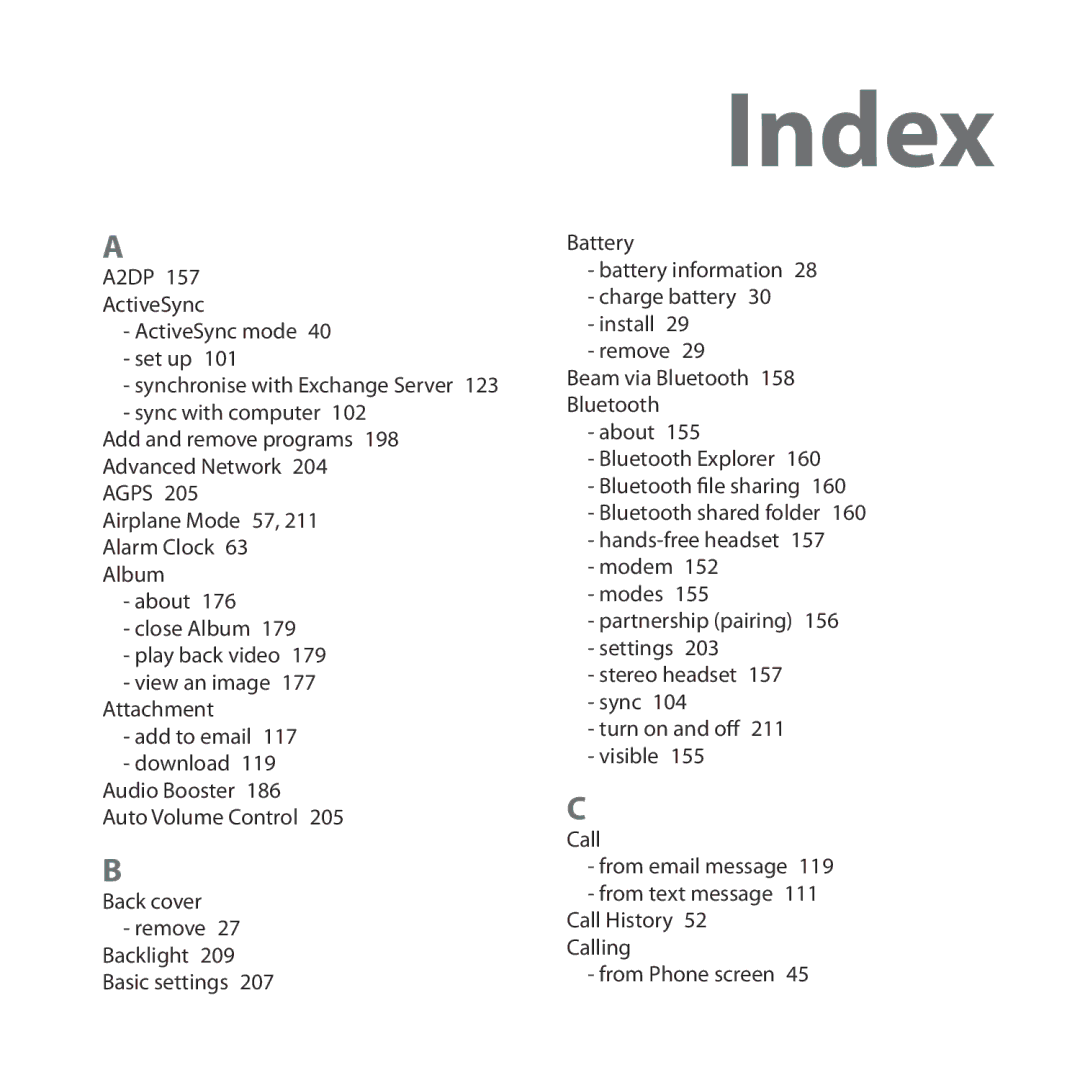 HTC Diamond2 user manual Index  